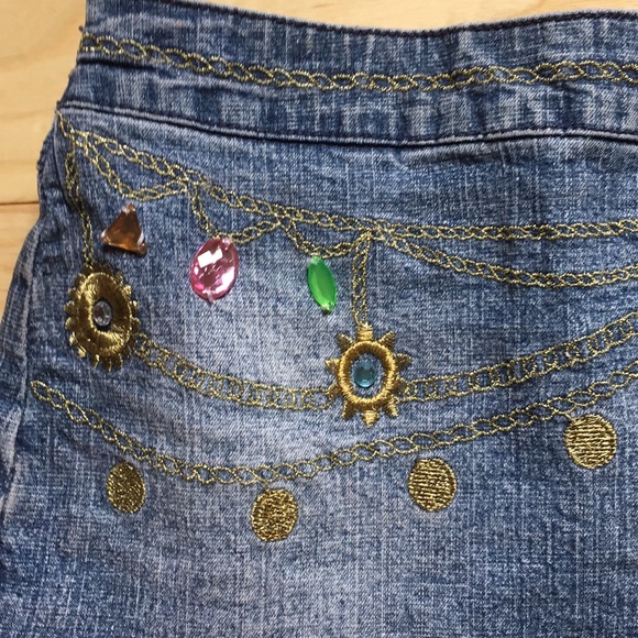 Jeweled Embroidered Ruffled Denim Jean Skirt - Picture 2 of 7